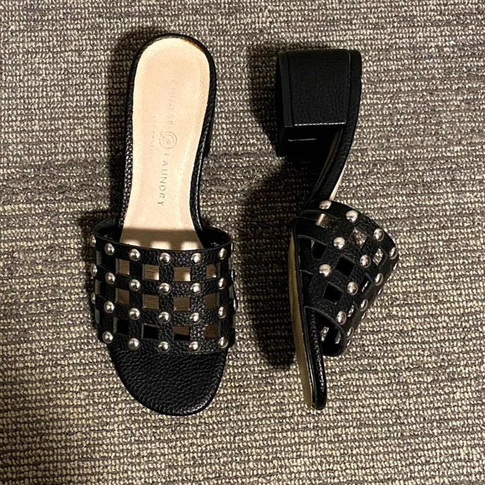 Black Chinese Laundry Studded Low Block Heel Mules